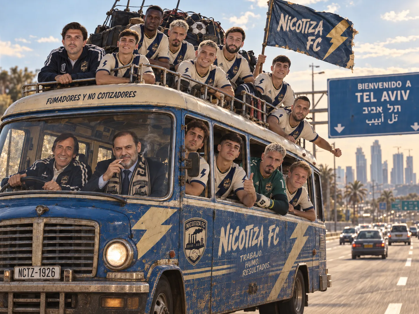 La plantilla del NICOTIZA FC viaja subida a un autobús azul destartalado a la entrada de Tel Aviv