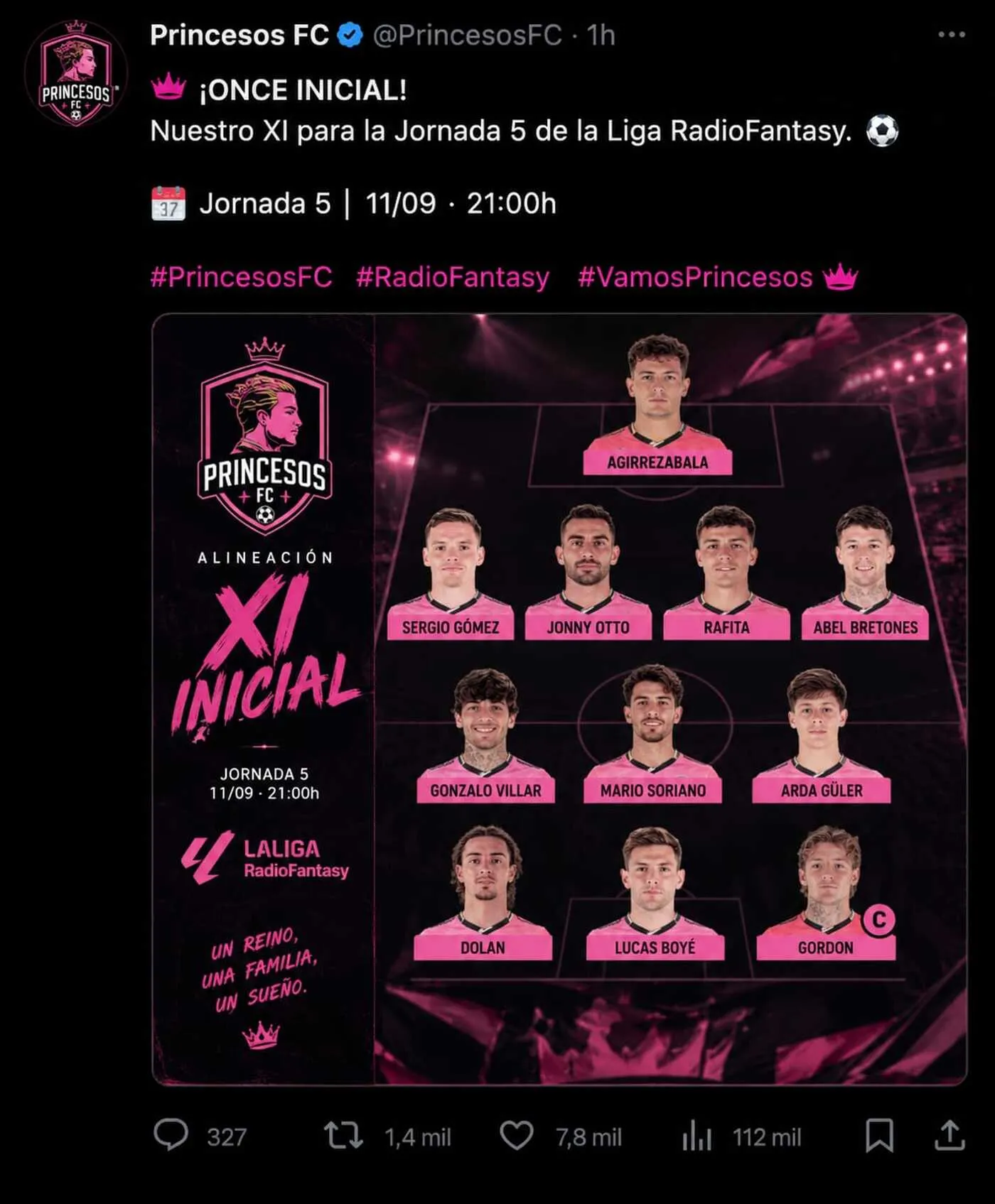 Captura de la publicación del PRINCESOS FC con su once inicial en rosa
