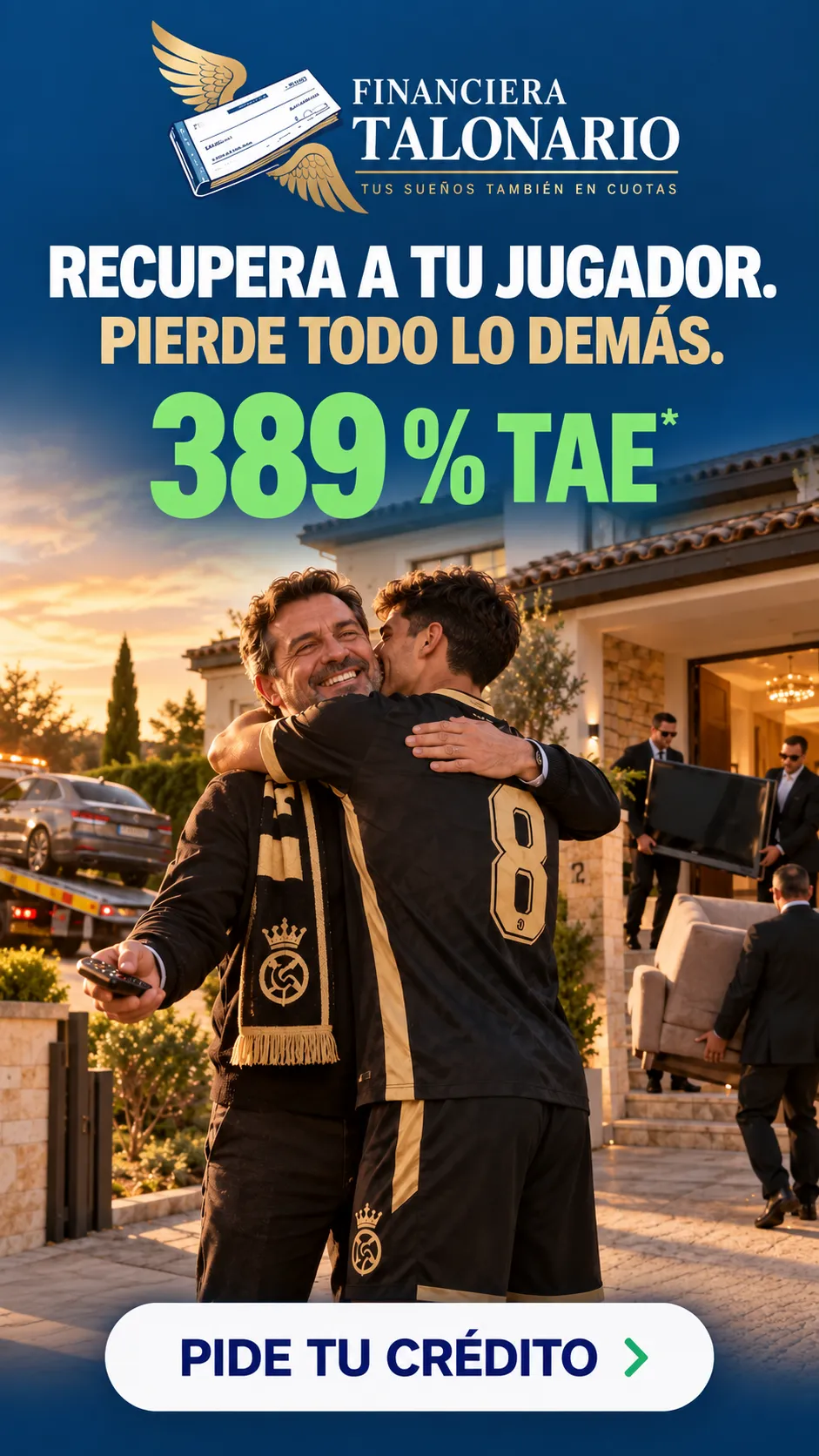 Anuncio de Financiera Talonario: un presidente abraza a su jugador recuperado ante su chalet mientras dos cobradores se llevan su televisor y le dejan solo el mando.