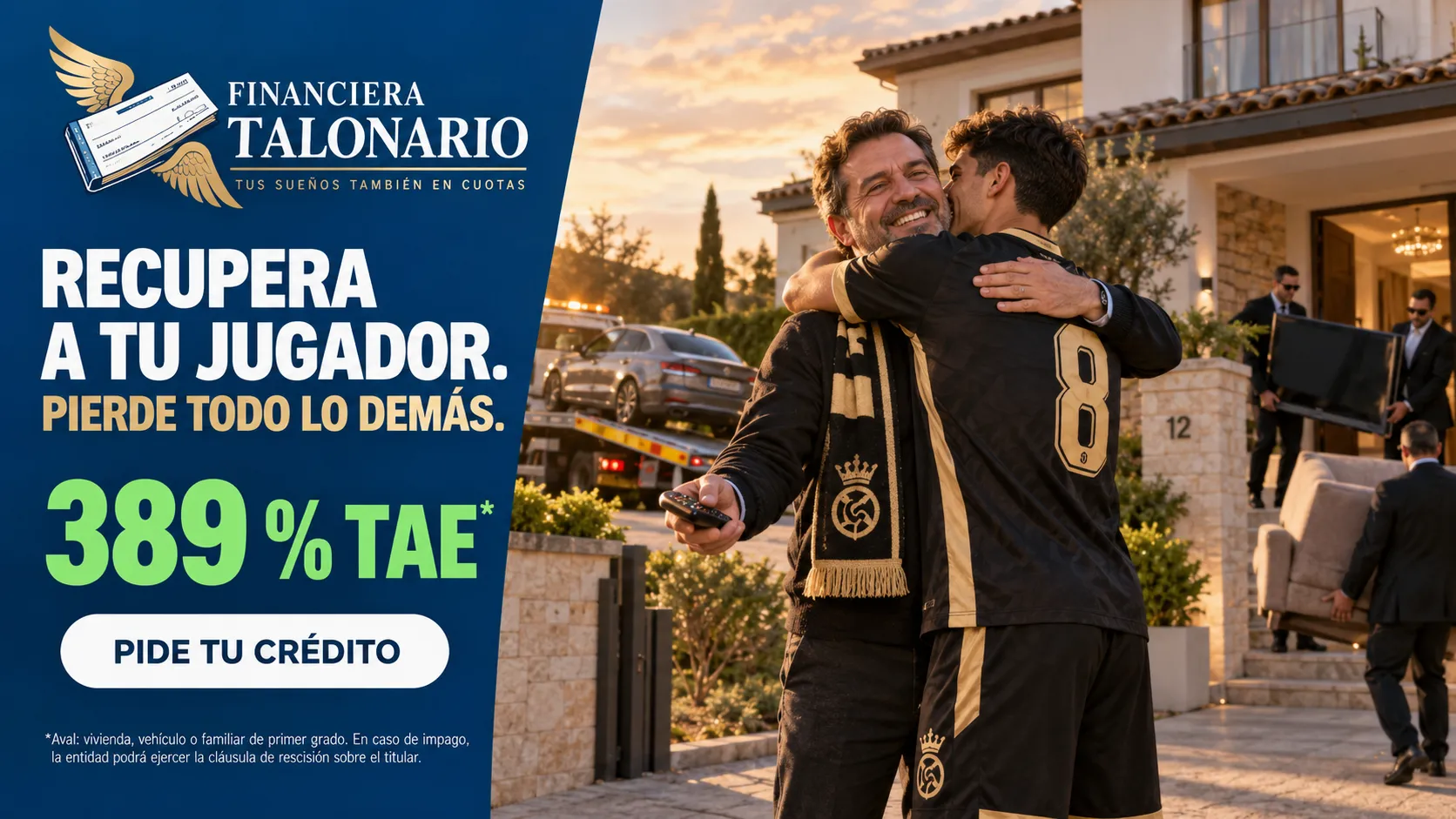Anuncio de Financiera Talonario: un presidente abraza a su jugador recuperado ante su chalet mientras dos cobradores se llevan su televisor y le dejan solo el mando.