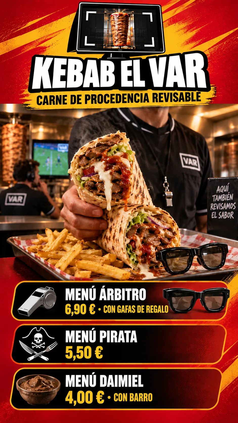 Anuncio de Kebab El VAR: un árbitro sostiene un dürüm enorme junto a un monitor de VAR, con los precios del Menú Árbitro, el Menú Pirata y el Menú Daimiel.