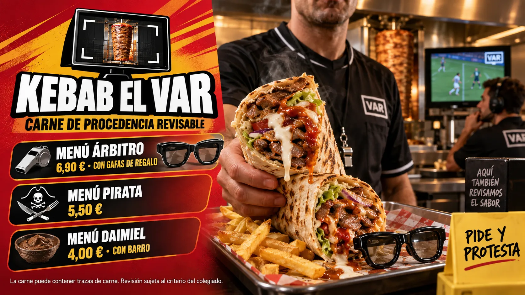 Anuncio de Kebab El VAR: un árbitro sostiene un dürüm enorme junto a un monitor de VAR, con los precios del Menú Árbitro, el Menú Pirata y el Menú Daimiel.