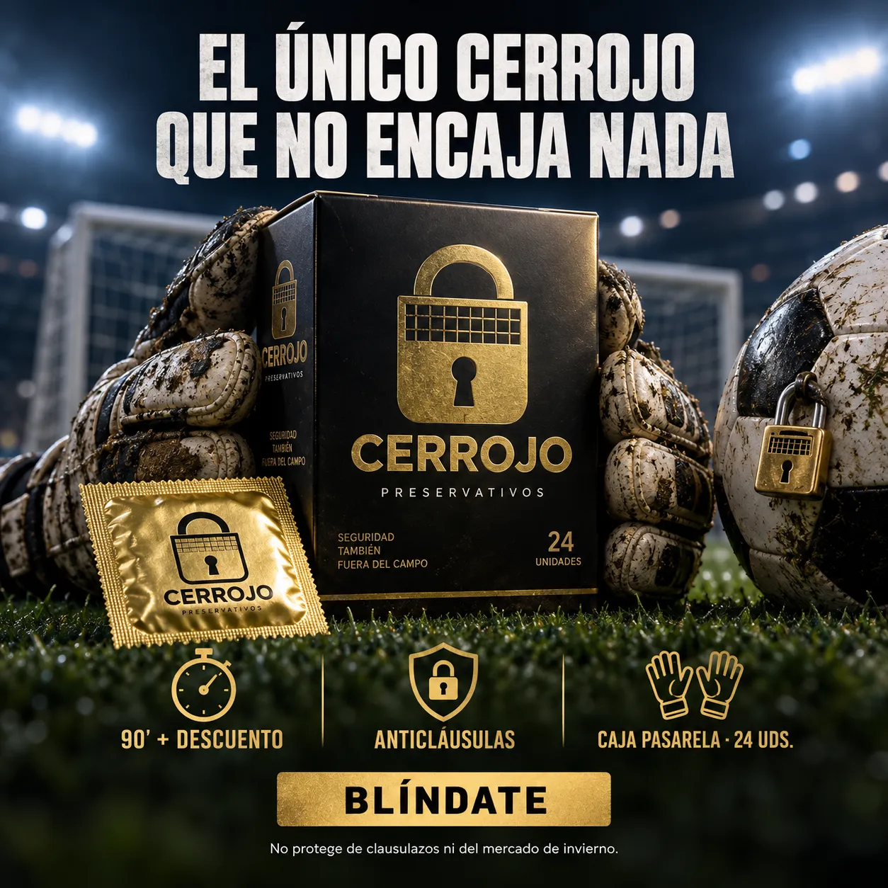 Anuncio de Preservativos Cerrojo: dos guantes de portero embarrados sujetan una caja negra y dorada con un candado en forma de portería, sobre un césped de estadio.
