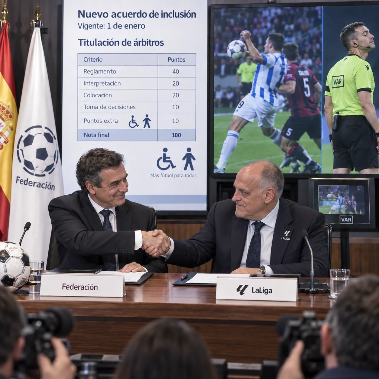 Un directivo de la Federación y Javier Tebas se dan la mano en rueda de prensa ante un panel con la nueva tabla de titulación de árbitros y una pantalla del VAR