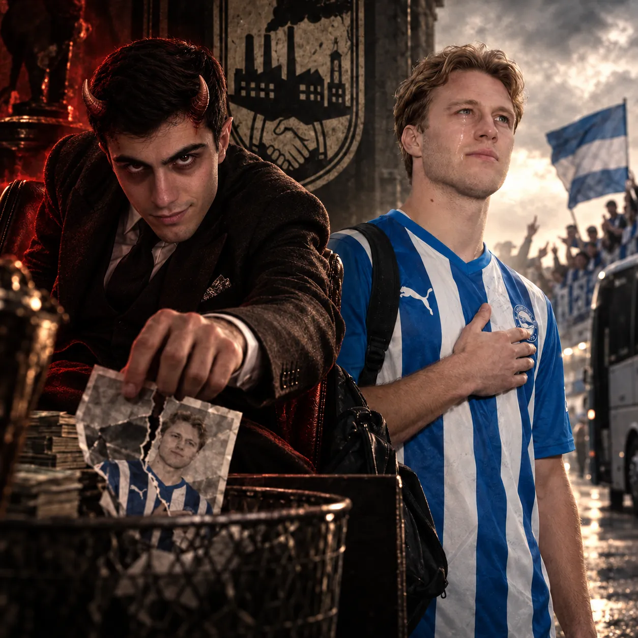 Un directivo de CARCAPRI FC con cuernos de demonio rompe sobre una papelera la foto de Koski junto a fajos de billetes, mientras Koski llora con la mano en el pecho ante la afición y un autobús bajo la lluvia