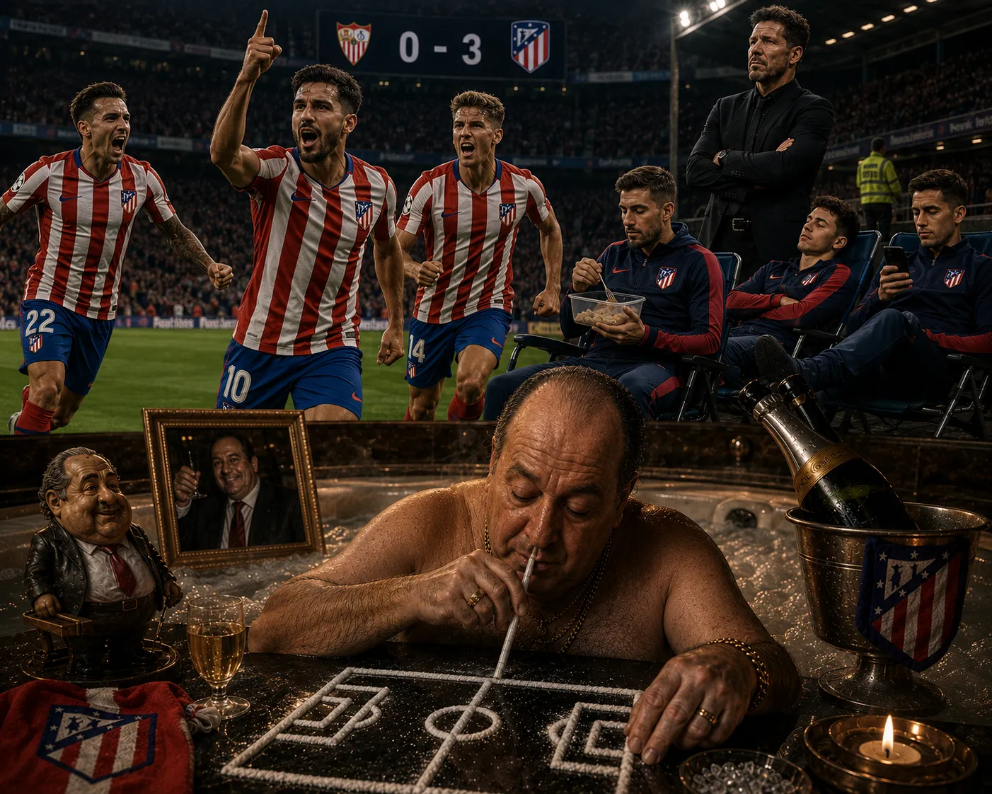 Collage nocturno: celebración rojiblanca, banquillo con táper y un dirigente en un jacuzzi