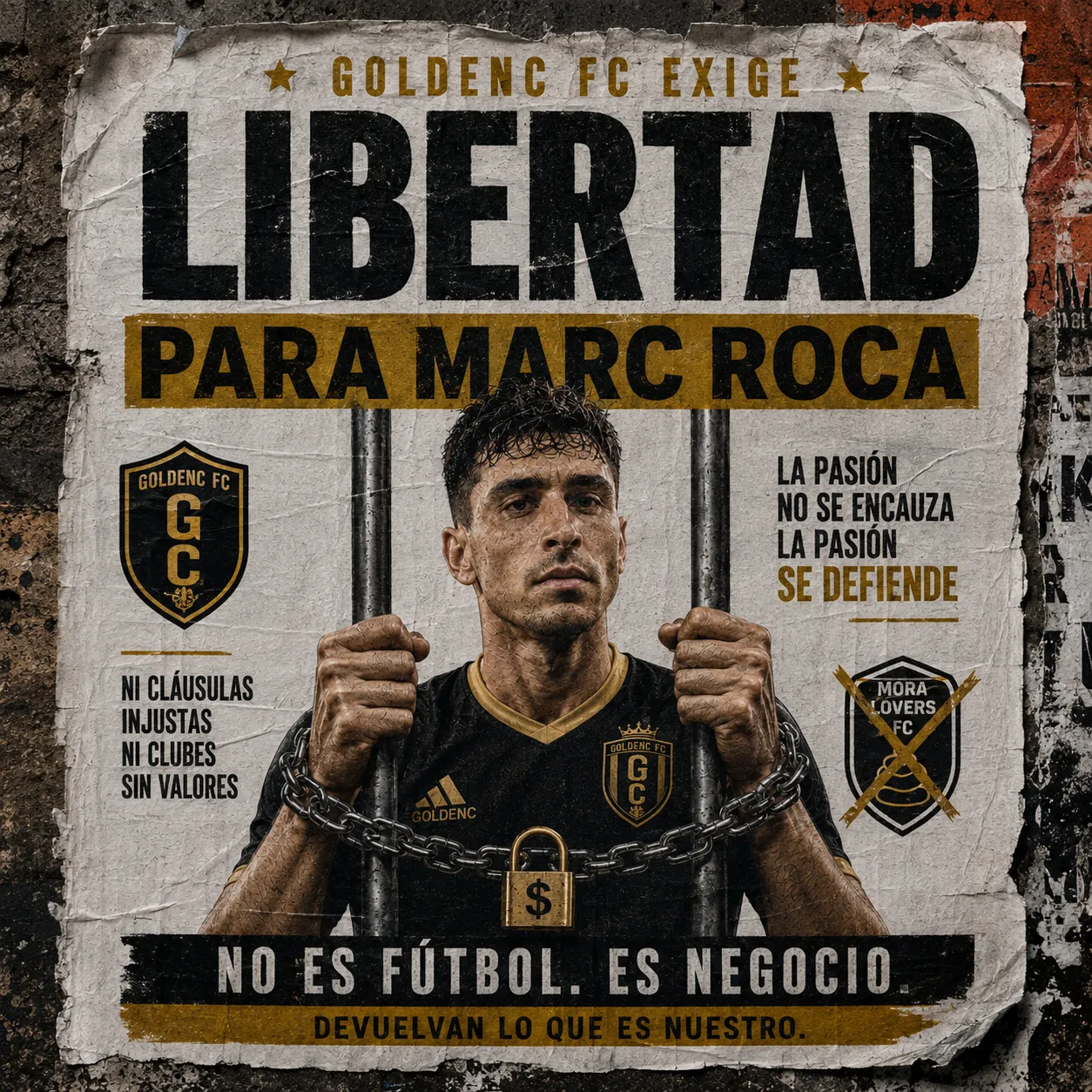 Cartel de protesta pegado en una pared: Marc Roca agarra dos barrotes con las muñecas encadenadas