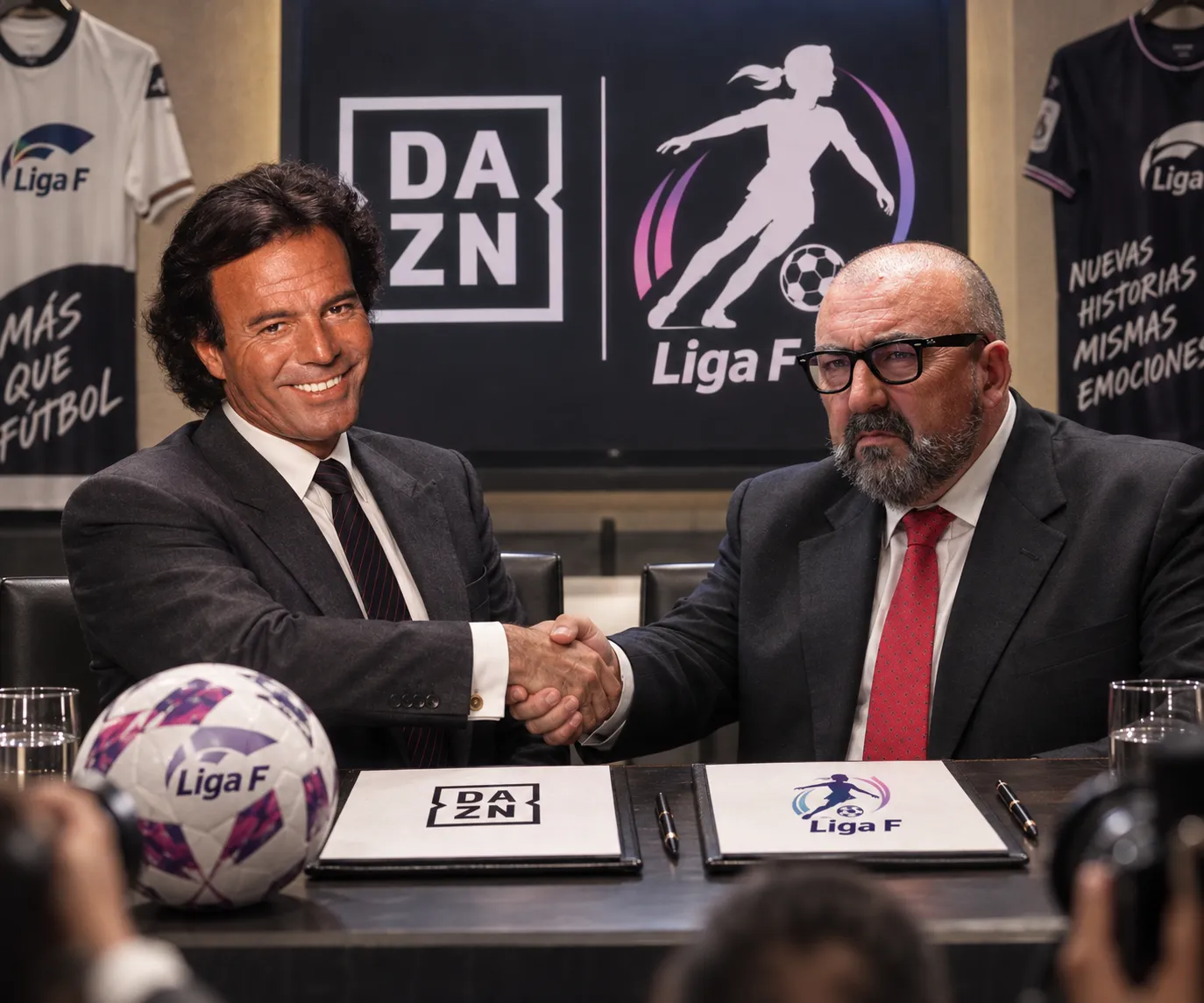 Dos hombres trajeados se dan la mano en la firma de los derechos, con los logos de DAZN y Liga F al fondo