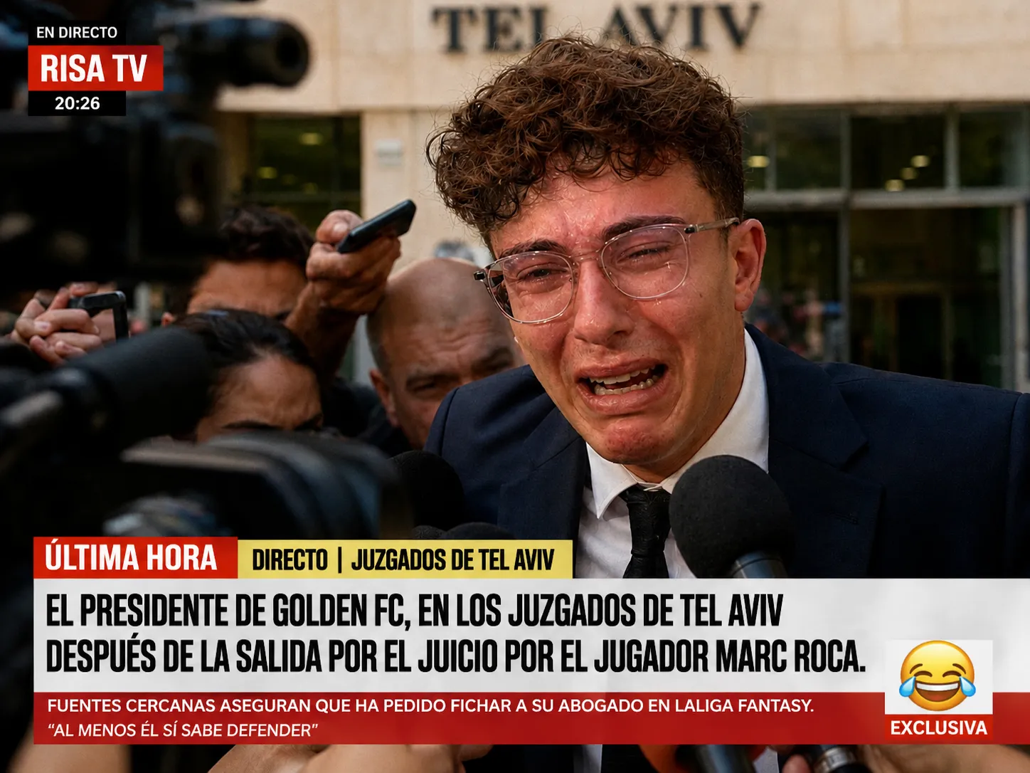 El presidente de GOLDENC FC, entre micrófonos y lágrimas, a la salida de los juzgados de Tel Aviv