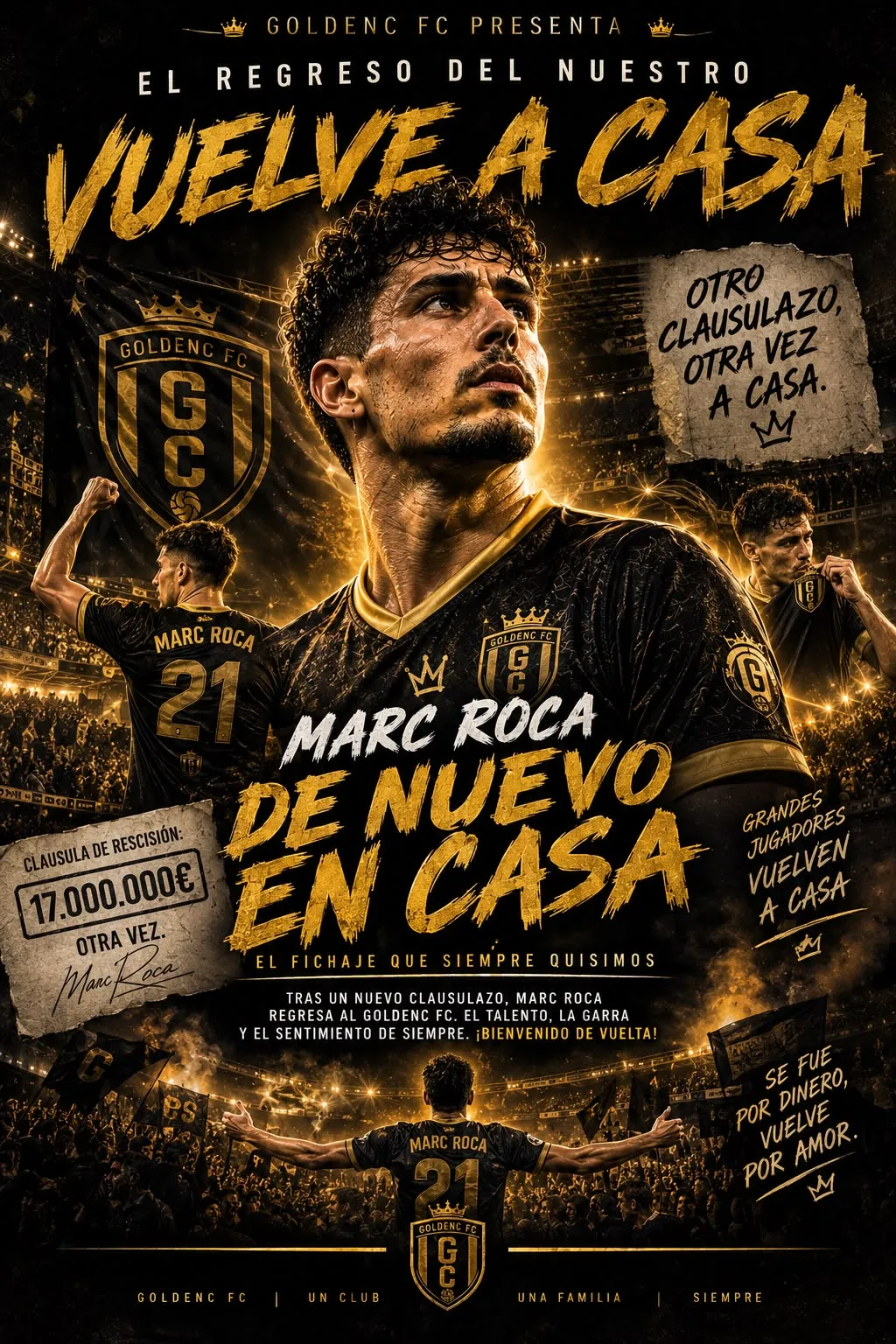 Cartel negro y dorado de GOLDENC FC que anuncia la vuelta a casa de Marc Roca con el dorsal 21