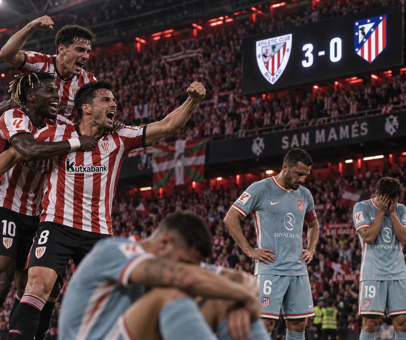 Los jugadores del Athletic celebran en San Mamés ante los rojiblancos hundidos