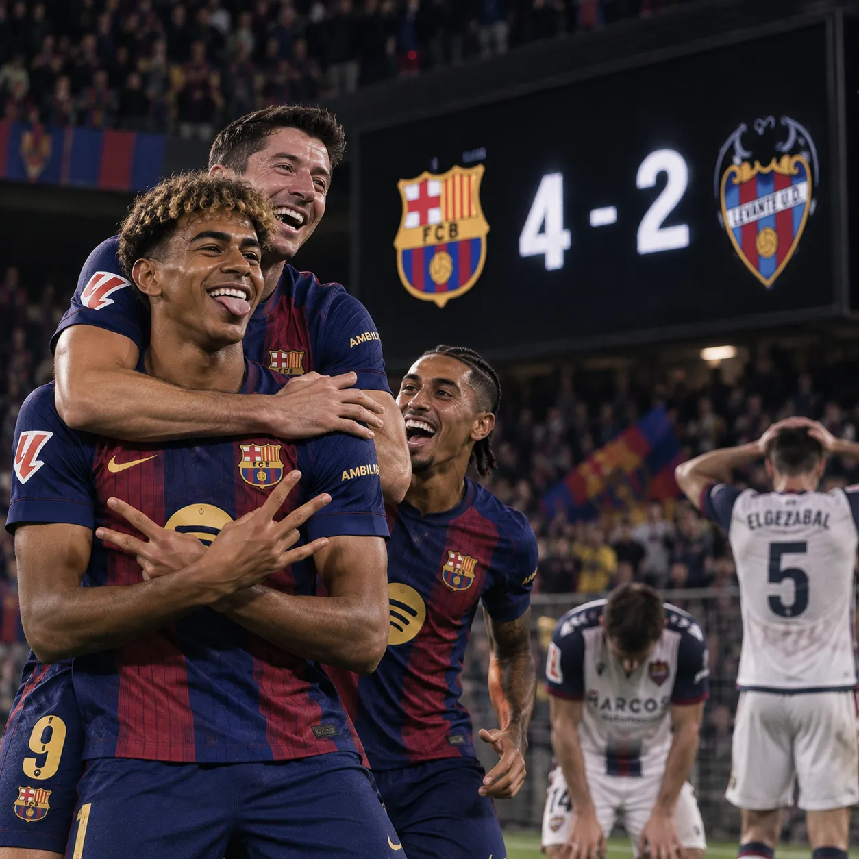 Lamine Yamal saca la lengua abrazado por sus compañeros mientras dos jugadores del Levante se echan las manos a la cabeza