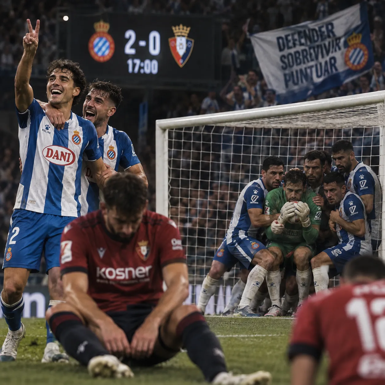 Un jugador del Espanyol celebra mientras sus compañeros rodean al portero bajo los palos y un jugador de Osasuna se sienta abatido en el césped