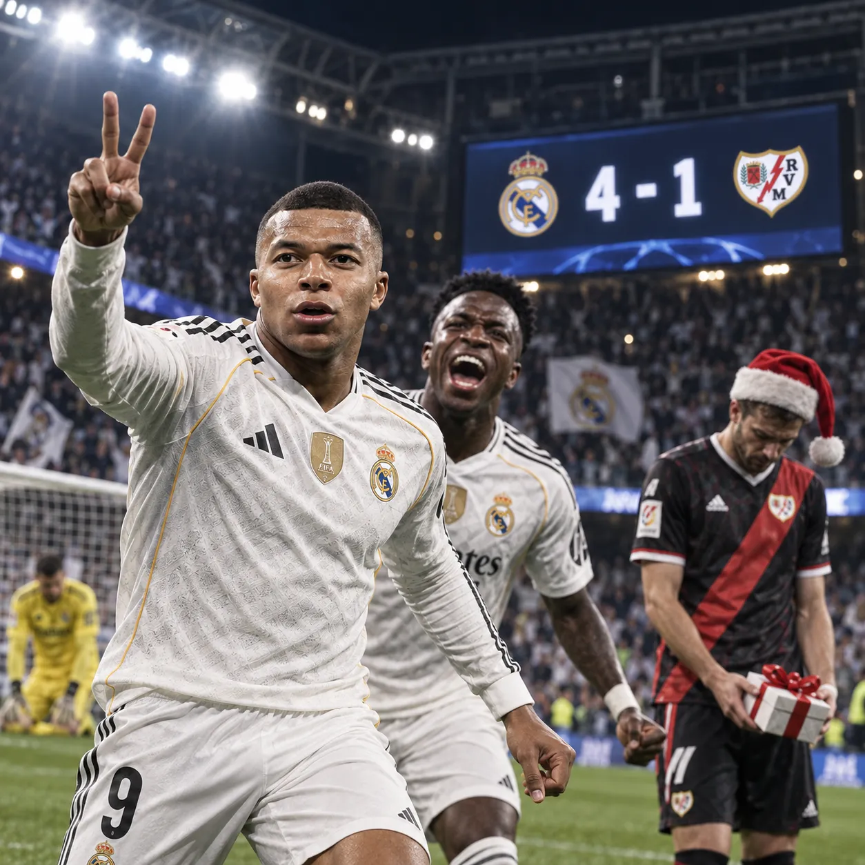 Mbappé celebra con Vinícius ante el marcador 4-1 mientras un jugador del Rayo con gorro de Papá Noel sostiene un regalo