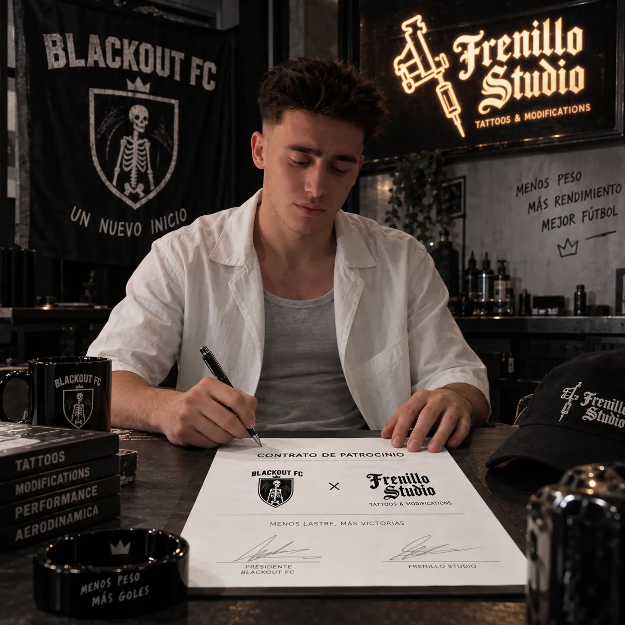 El presidente de BLACKOUT FC firma un contrato de patrocinio con Frenillo Studio en un estudio de tatuajes