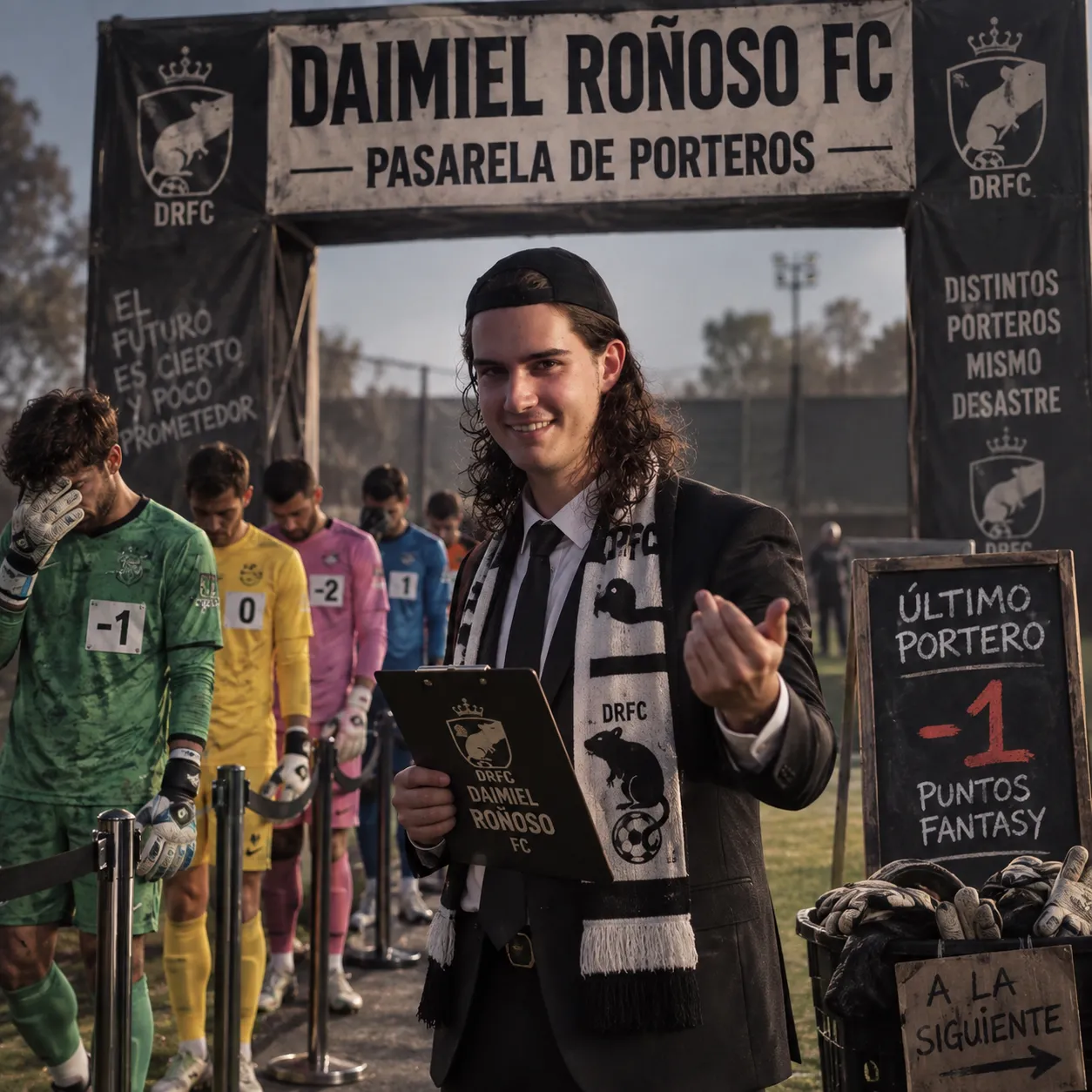 El presidente de DAIMIELROÑOSO FC sonríe bajo un arco de pasarela de porteros mientras varios guardametas cabizbajos hacen cola con carteles de puntos negativos