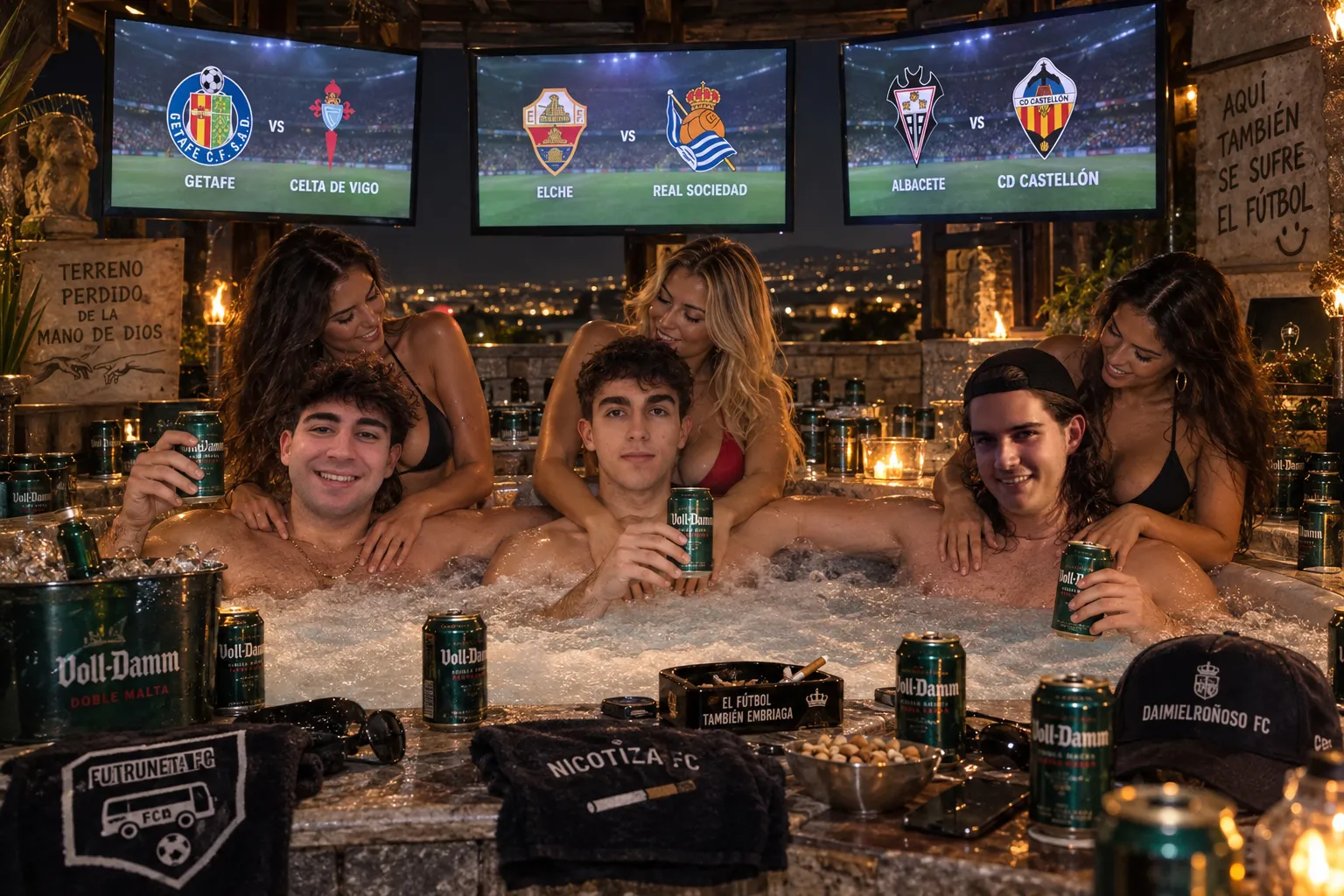 Tres presidentes con cervezas en un jacuzzi frente a tres pantallas con partidos de fútbol