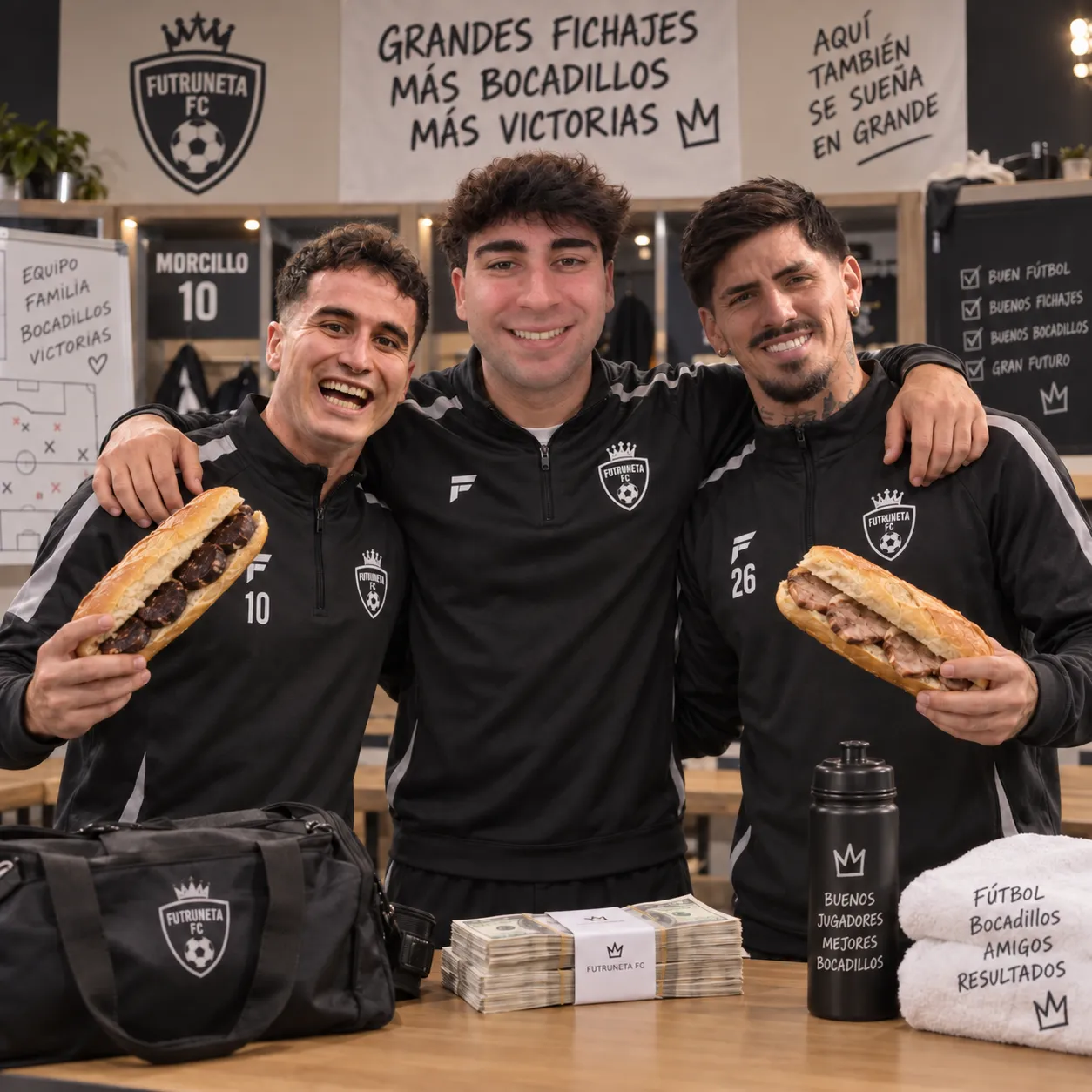 Tres jugadores del FUTRUNETA FC posan en el vestuario con bocadillos de morcilla y de lomo junto a un fajo de billetes