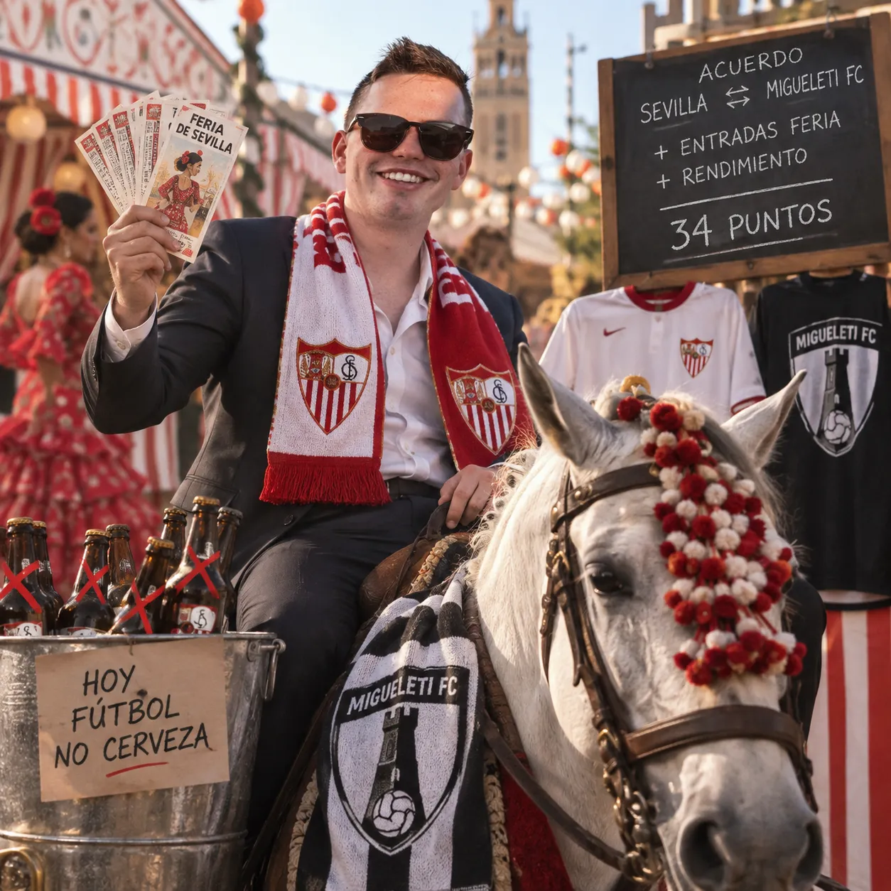 Un directivo del MIGUELETI FC a caballo en la Feria de Sevilla con bufanda sevillista, entradas en la mano y un cubo de cervezas tachadas