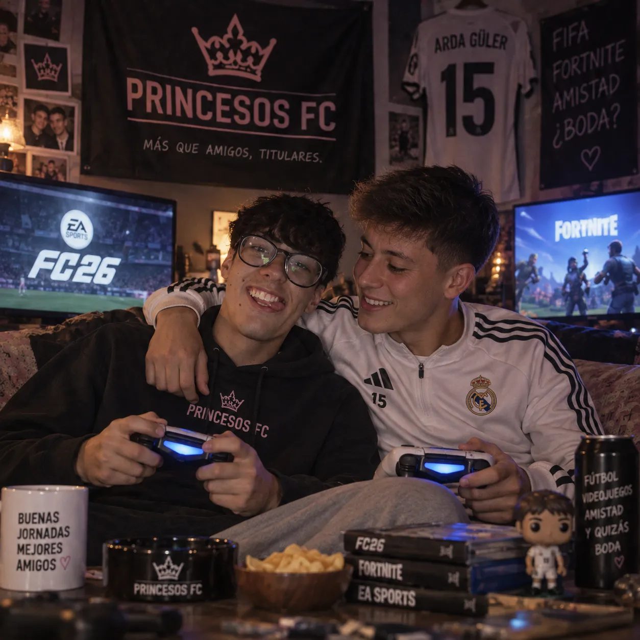 Un miembro de PRINCESOS FC y Arda Güler, abrazados en un sofá con los mandos de la consola, entre pantallas de EA Sports FC 26 y Fortnite